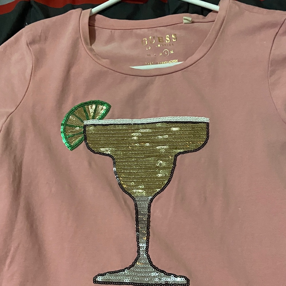 Guess Pink Tee with Sequin Cocktail Design